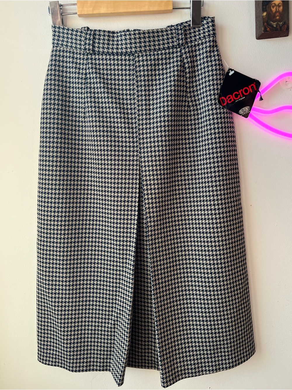 Vintage 50s Deadstock Houndstooth Midi Skirt Taupe/Navy Blue